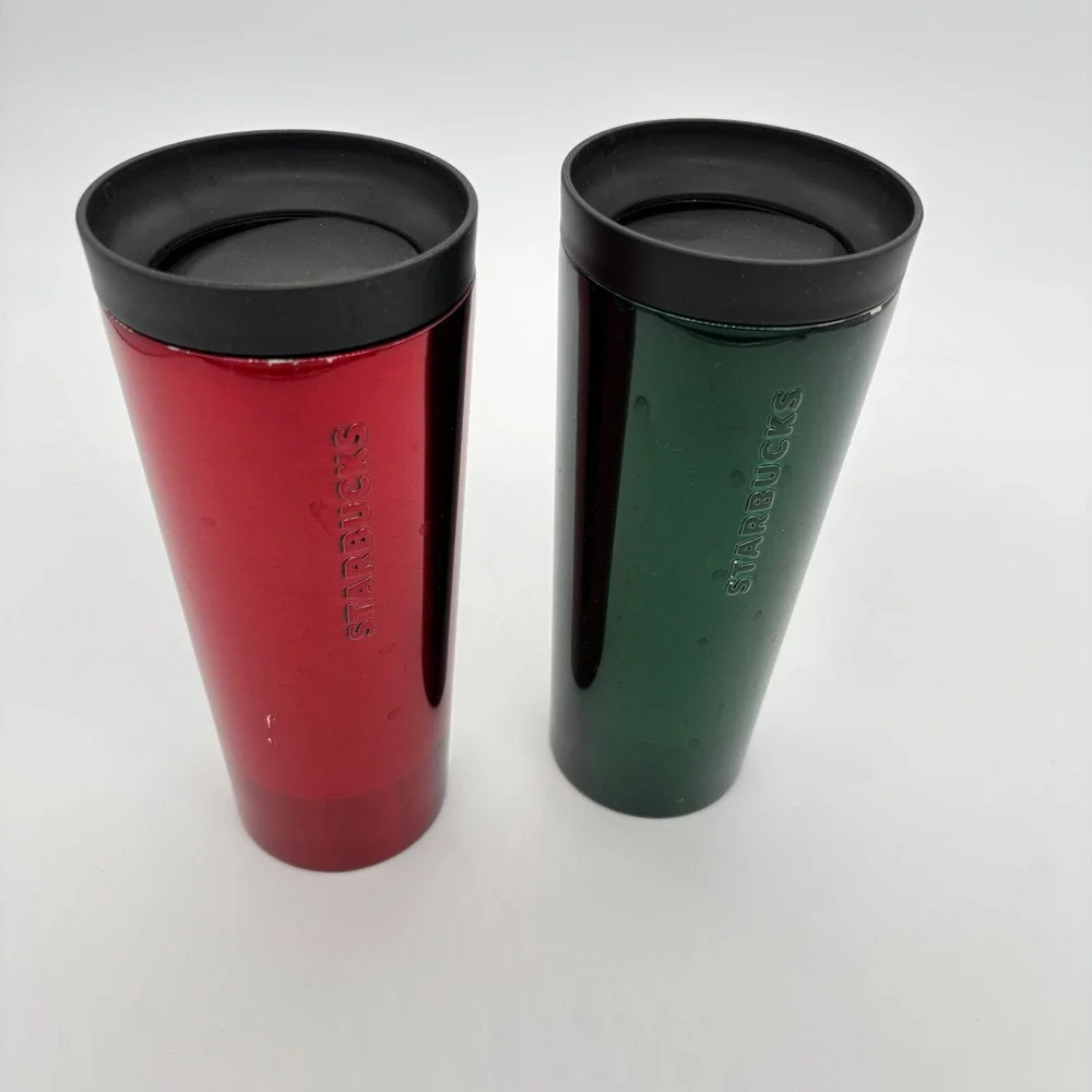 Lot Of 2 Starbucks Red & Green Holiday Edition Metallic Tumblers 16oz/473ml Set